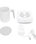 Ultimate Desktop Mug Warmer And Cooler Plate Two In One Smart Heating And Cooling Base for coffee, white insulated cup, lid, power cord.