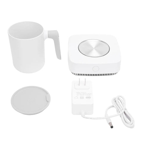 Ultimate Desktop Mug Warmer And Cooler Plate Two In One Smart Heating And Cooling Base for coffee, white insulated cup, lid, power cord.