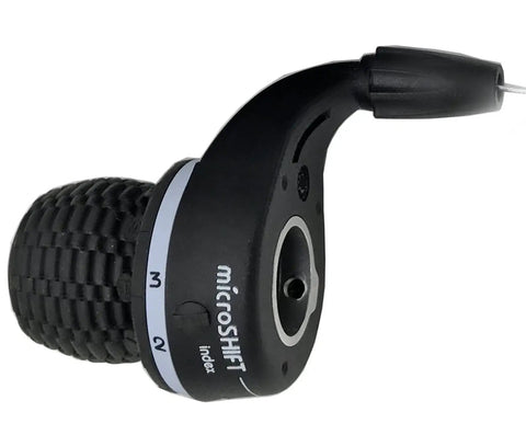Close-up of black 3x7 Speed Twist Grip Shifters for Shimano gear systems, showing right 7-speed shift lever for MTB, diameter 22.2mm.