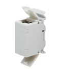 DIN Rail Cat6A Shielded In Line Mountable Snap In Coupler With Female To Female RJ45 Ports, side view showing connector entry