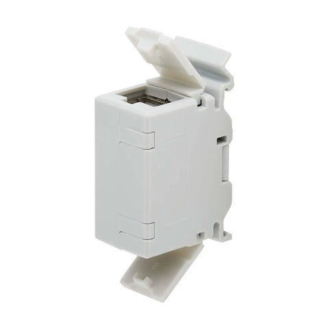 DIN Rail Cat6A Shielded In Line Mountable Snap In Coupler With Female To Female RJ45 Ports, side view showing connector entry