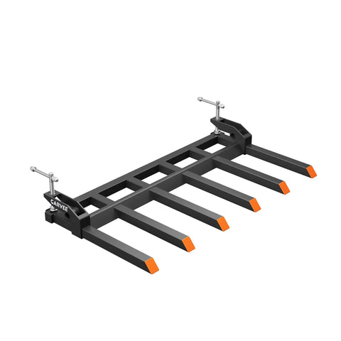 Beefy Clamp On Debris Forks For 60 Inch Tractor Buckets, 4400 Lb Capacity, Quick Attach, 6 Tine Pallet Forks, Black model front view