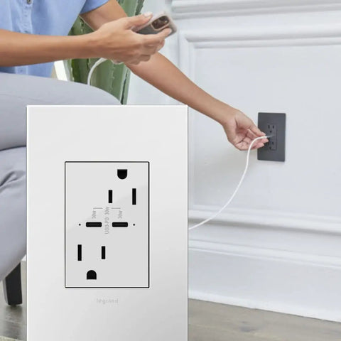 Tamper Resistant 20 Amp USB Type C Outlet With Lightning Fast 30 Watt Power Delivery And Matching White Wall Plate for fast charging