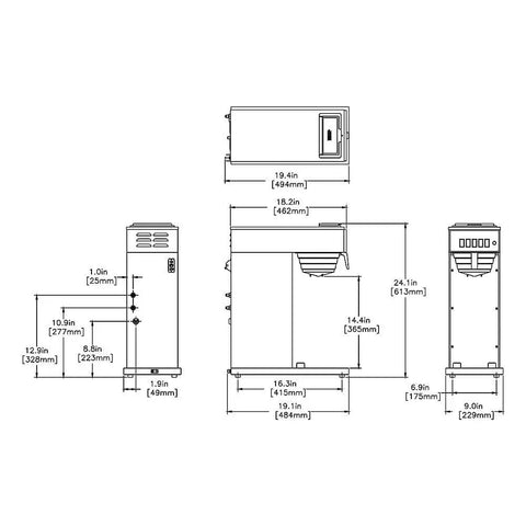 Diagram of Commercial Coffee Brewer That Brews Directly Into 1.9 To 3 L Airpots, Portable No Plumbing Needed, with measurements