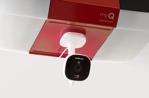 MyQ Smart Garage HD Camera With WiFi Enabled And Smartphone Control Two Way Audio Motion Detection Live View And Recorded Footage Works With Key By Amazon In Garage Delivery White, mounted on the ceiling