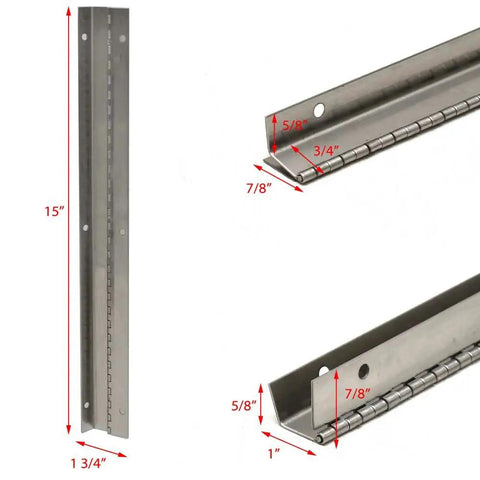 Heavy Duty Stainless Steel Offset Piano Hinge 15 Inch Long With Six Ready To Mount Holes Built Tough As Nails For Marine Vessels And Custom Fabrications That Just Keep Rolling Smooth close-up view with measurements.