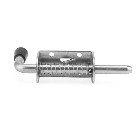 Heavy Duty Stainless Steel Spring Loaded Latch Pin, 5 Inch Barrel Bolt For Cabinets And Trailers, Easy Install Security Kit With Screws showing latch mechanism.