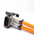 Heavy Duty High Voltage Safety Lock Connector 2 Pin Plug And Socket 125 Amp Rated Right Angle Metal Housing IP67 Sealed Tight Drop In Swap For EV Battery Wire Harnesses with orange cables.