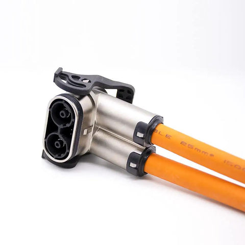 Heavy Duty High Voltage Safety Lock Connector 2 Pin Plug And Socket 125 Amp Rated Right Angle Metal Housing IP67 Sealed Tight Drop In Swap For EV Battery Wire Harnesses with orange cables.