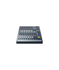 Front view of EPM8 8 Channel Live Sound Mixer with Dual Aux Buses, XLR and 1/4 Inch Jack Sockets, RCA I/O, and 3 Band EQ.
