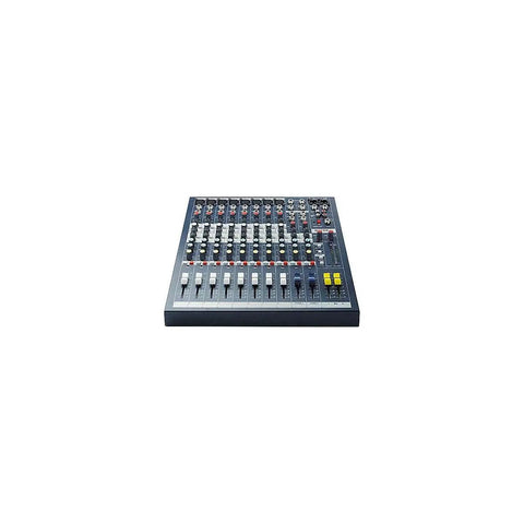Front view of EPM8 8 Channel Live Sound Mixer with Dual Aux Buses, XLR and 1/4 Inch Jack Sockets, RCA I/O, and 3 Band EQ.