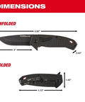 Ultra Tough Three Inch Smooth Blade Pocket Knife Boasting A Slick Black Grip And Heavy Duty Steel Build For Badass Everyday Gear dimensions shown unfurled and folded.