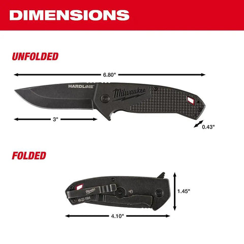 Ultra Tough Three Inch Smooth Blade Pocket Knife Boasting A Slick Black Grip And Heavy Duty Steel Build For Badass Everyday Gear dimensions shown unfurled and folded.