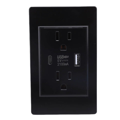 Next Level Wall Outlet With Fast Usb C And Dual Usb A Ports 15 Amp Electrical Receptacle in black, featuring USB ports for powering devices.