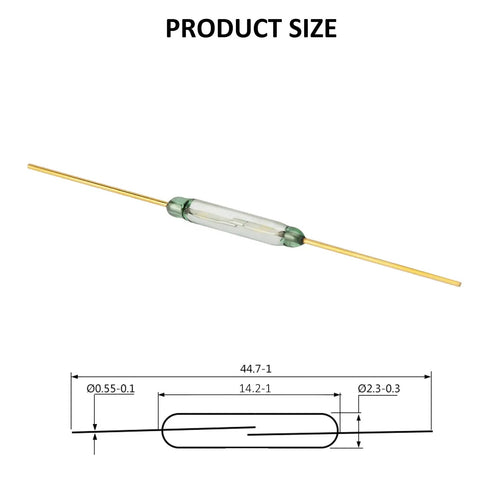 Model MKA-14103 2 By 14mm Reed Normally Open Magnetic Induction Switch with product size diagram for compact projects