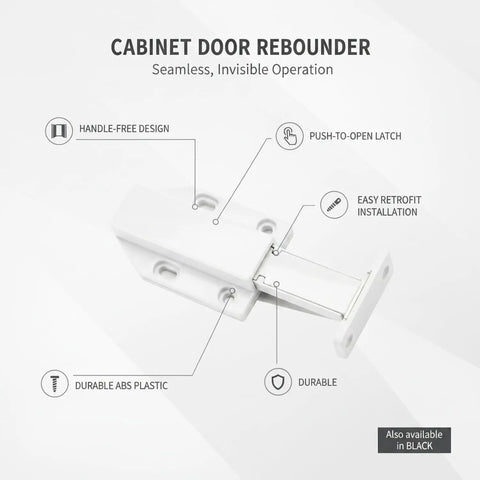 Handle-Free Cabinet Door With Push To Open Rebounder Latch, Durable ABS Plastic Catch In White, 1 Pack, installation features