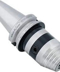 Beefy BT40 CNC Drill Chuck Holder With Titanium Jaws showing steel body and hex key design, 1/64 to 1/2 inch clamp range.