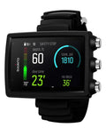 Eon Core Wrist Dive Computer With USB Black Dope Display With Big Digits And Easy Menu For Divers Dive Modes Gauge Air Nitrox Trimix CCR Fixed Point Tilt Compensated 3D Compass Battery Replaceable One Half AA Without Transmitter showing dive data on black strap.