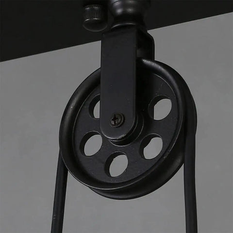 Top Tier Industrial Led Chandelier With Reliable Pulley Pendant Setup Modern Hanging Light Fixture For Family Room Or Entryway close-up of pulley detail.