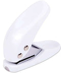 White metal handheld hole puncher with 3mm and 6mm circular holes, punches up to 8 sheets of A4 paper, durable steel build, portable punch tool.