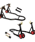 Motorcycle Front And Rear Stand Combo With 4 Pulley Wheel Lift, Universal Fit For Swingarms And Spools, Red Wheel