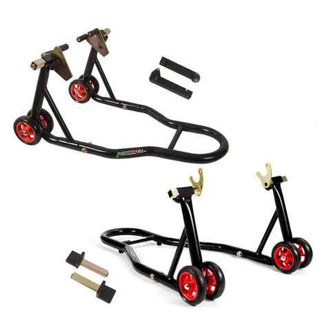 Motorcycle Front And Rear Stand Combo With 4 Pulley Wheel Lift, Universal Fit For Swingarms And Spools, Red Wheel