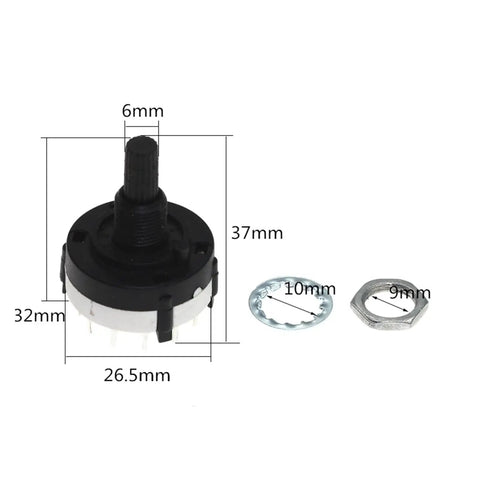 RS26 Plastic Rotary Switch Kit with 10 Pieces, black and white components, and measurement details for DIY projects.