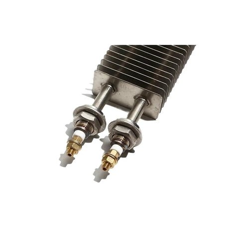 Electric Finned Tubular Heater With Tough Square Build And Solid Copper Threads Pumps Out Quick Heat For Hassle Free Air Drying On Your Shop Floor At 230 Volts Pro Grade close-up of copper threads and finned design.