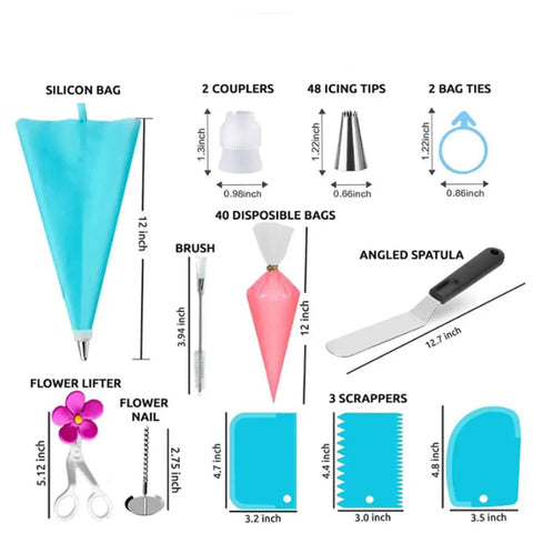 All In One Cake Decorating Tool Set With Multiple Molds And Piping Tips For Buttercream And Biscuit DIY Creations 100 Piece Baking Kit components