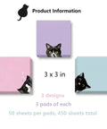 Black Cat 3x3 Sticky Notes Set featuring cat designs in purple, pink, blue; 3 designs, 450 sheets total.