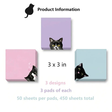 Black Cat 3x3 Sticky Notes Set featuring cat designs in purple, pink, blue; 3 designs, 450 sheets total.