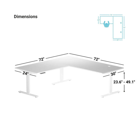 Slick Electric L Shaped Corner Standing Desk With Swift Height Adjustment And Roomy 72 By 72 Inch Workbench dimensions illustration