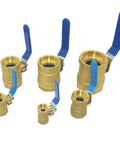 Rock Solid Brass Ball Valve With Blue Lever Handle Designed For Lightning Fast Quarter Turn Plumbing Flow Control And A Tough As Nails Corrosion Resistant Female Thread Setup, shown in various sizes.