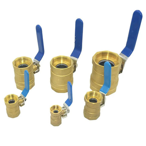 Rock Solid Brass Ball Valve With Blue Lever Handle Designed For Lightning Fast Quarter Turn Plumbing Flow Control And A Tough As Nails Corrosion Resistant Female Thread Setup, shown in various sizes.