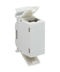 DIN Rail Cat6A Shielded In Line Mountable Snap In Coupler with Female to Female RJ45 Ports, shown side view.