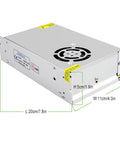 Beefy 12V Power Supply 25A 300W Universal Switching Adapter dimensions with metal casing and cooling fan visible