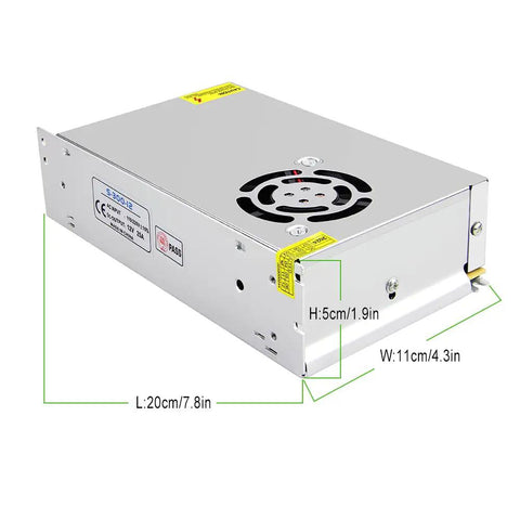 Beefy 12V Power Supply 25A 300W Universal Switching Adapter dimensions with metal casing and cooling fan visible