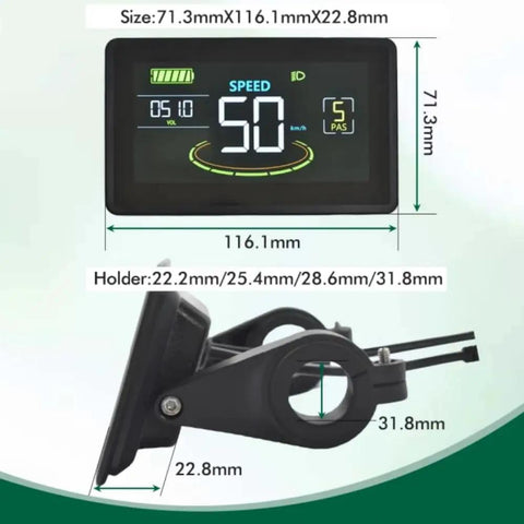 Ebike LCD Display Meter With 5 Pin Waterproof Connector for 48V with size measurements and mounting bracket details.