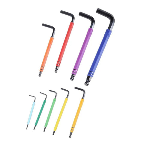 Kick Up Your Gear Game With This 9Pcs Long Arm Hex Key Set Featuring Durable Hardened Steel L Shape Wrenches That Crush Tough Jobs Without Breaking Or Slipping For Serious Repair Pros And DIY Whizzes Alike., 9-piece hardened steel L-shaped hex key set with colored long-arm wrenches