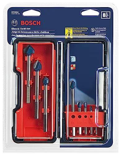 Bosch GT3000 8-piece glass and tile bit set in red case, front view.