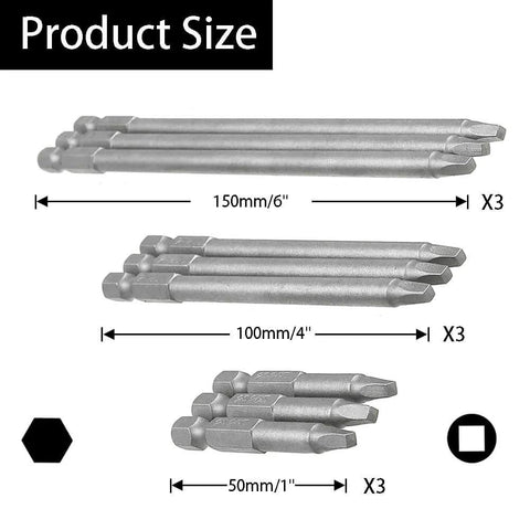 Nine Piece Square Head Screwdriver Bits Set With Quarter Inch Hex Shank Magnetic S2 Steel sizes 150mm, 100mm, 50mm