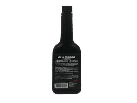 Close-up of one bottle from the Honda 8oz Shaft Drive Oil 08208 0080 Four Pack Includes Four Bottles And A Disposable Funnel Easy Pour No Mess Premium Quality Lubricants For Smooth Engine Performance And Real Protection, showing label and black bottle design.