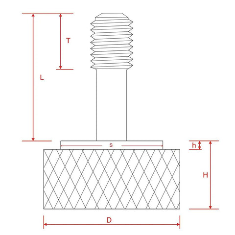M5 X 25 MM Captive Panel Screws With Knurled Thumb Head 4 Pc Set Stainless Steel Thread Aluminum Alloy diagram with measurements.