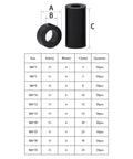 Diagram showing sizes of Black Nylon Round Spacers For M6 Screws No Thread Mixed Lengths 3mm to 35mm, 300 Pieces