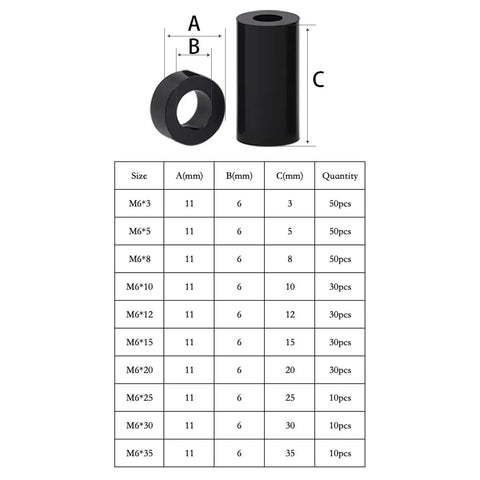 Diagram showing sizes of Black Nylon Round Spacers For M6 Screws No Thread Mixed Lengths 3mm to 35mm, 300 Pieces