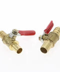Heavy Duty Brass Ball Valve With Hose Barb Fitting Transitions 1/4 Inch To 12mm Tubing, durable with red handles.