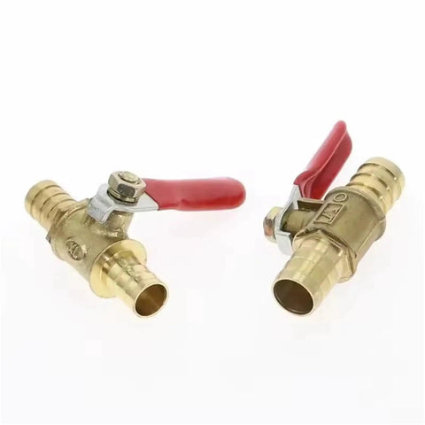 Heavy Duty Brass Ball Valve With Hose Barb Fitting Transitions 1/4 Inch To 12mm Tubing, durable with red handles.