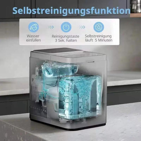 Super Quick Countertop Ice Maker Churns Out Up To 20 Lbs Bullet Ice Daily With A Blazing Six Minute Loop compact design showing internal self-cleaning function.