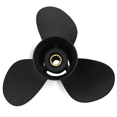 Top view of Three Blade Aluminum Propeller For 35 40 50HP Outboard Motors Tohatsu Nissan 13 Spline Rubber Hub 11x15 Black