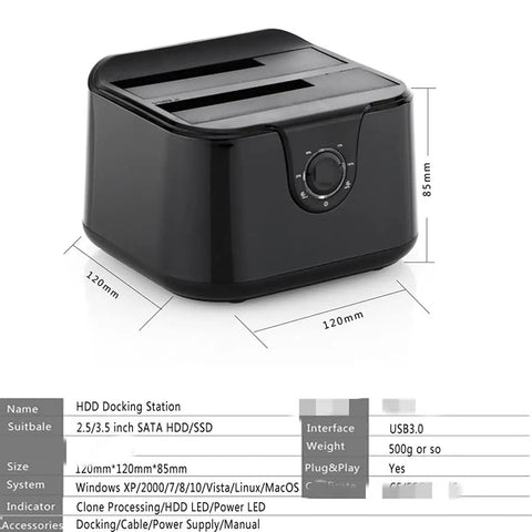 Premier Dual Bay External Hard Drive Docking Station Supporting 2.5 And 3.5 Inch SSD And HDD Drives Via Rapid SATA III To USB 3.0 Connection side view with dimensions